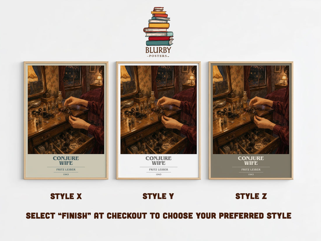Conjure Wife book cover print in frame leaning in hallway – horror wall art (mockup)