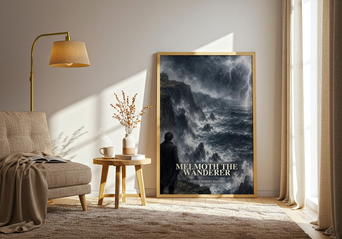 Melmoth the Wanderer watercolour print in frame leaning in hallway – gothic wall art