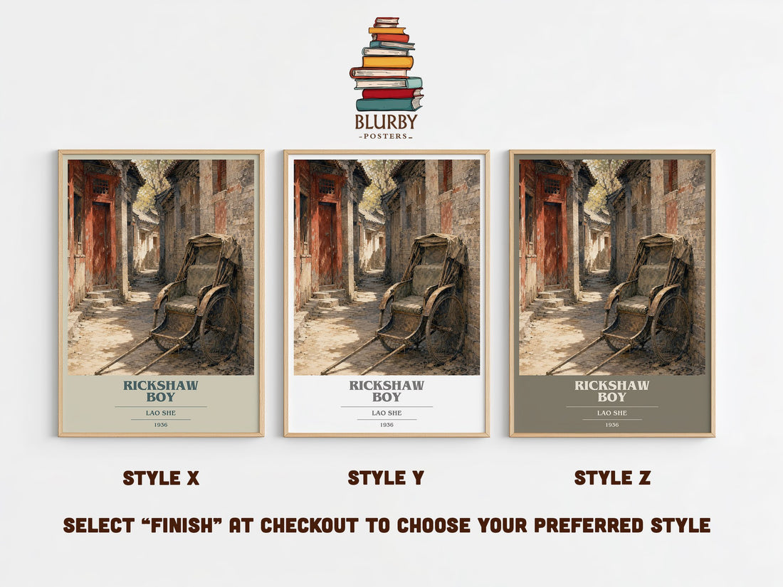 Rickshaw Boy book cover print in frame leaning in hallway – literary fiction wall art (mockup)