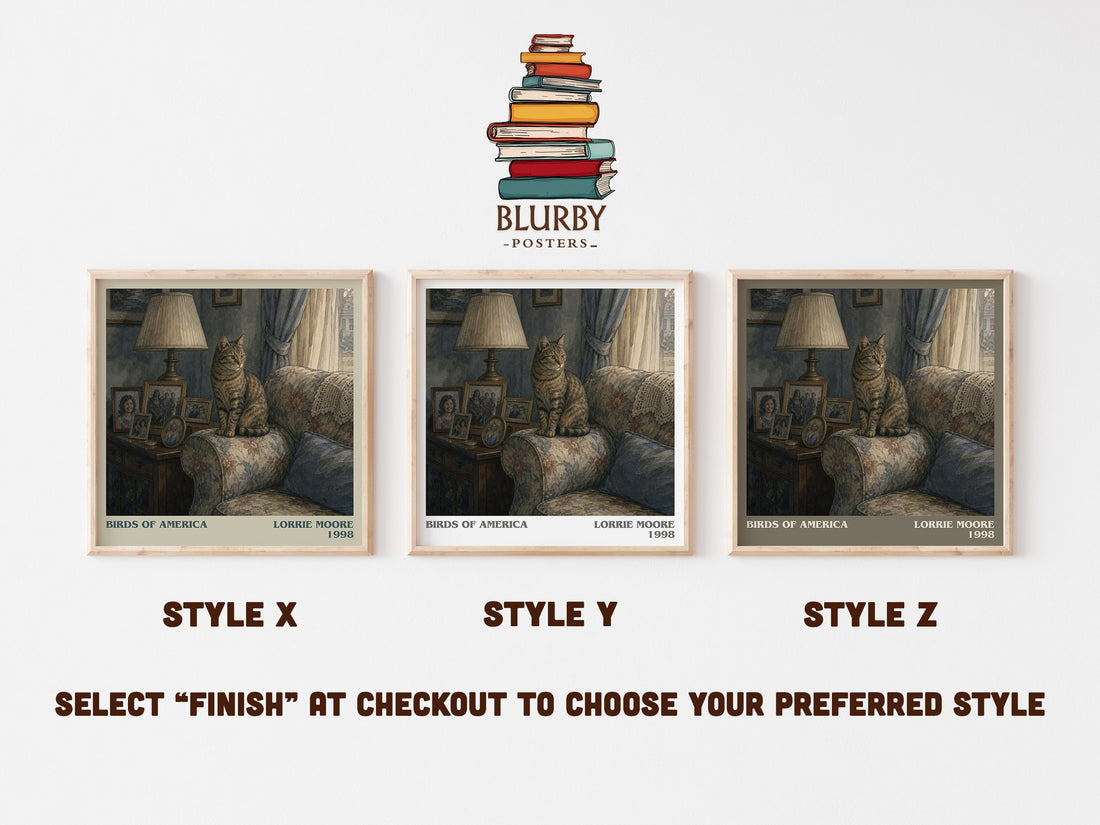 Birds of America literary print in frame leaning in hallway – literary fiction wall art (mockup)