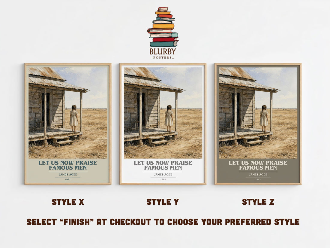 Let Us Now Praise Famous Men book cover print in frame leaning in hallway – non fiction wall art (mockup)