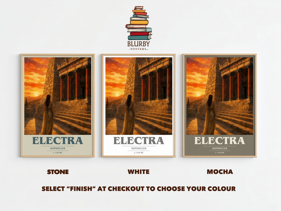 Electra book cover print framed by window – Stone, White and Mocha side by side – choose your colour