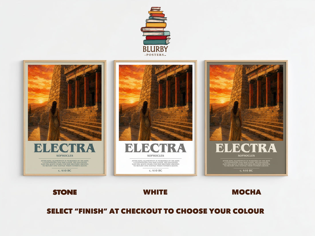 Electra bookish print framed by window – Stone, White and Mocha side by side – choose your colour