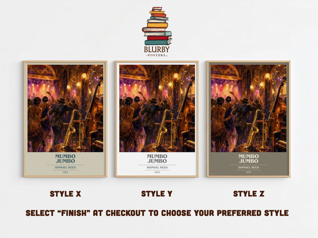 Mumbo Jumbo book cover print in frame leaning in hallway – literary fiction wall art (mockup)