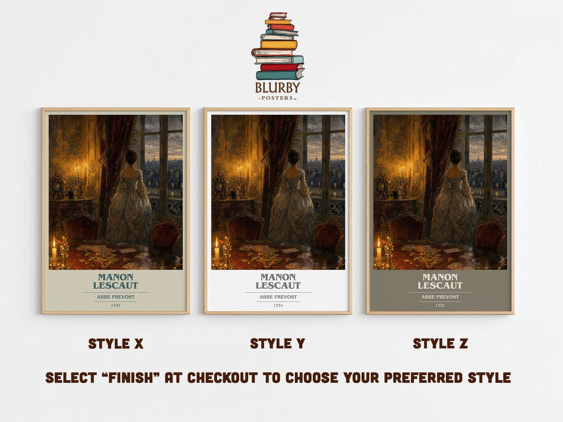 Manon Lescaut book cover print in frame leaning in hallway – classic literature wall art (mockup)