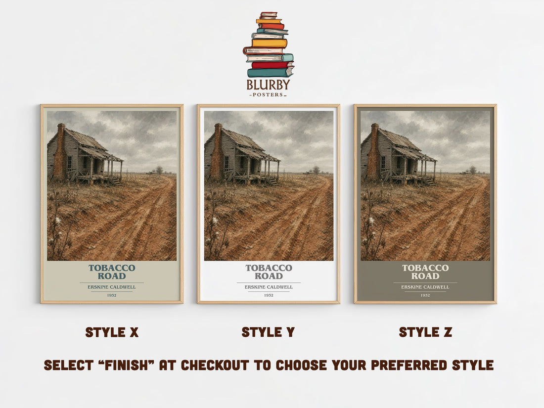 Tobacco Road book cover print in frame leaning in hallway – literary fiction wall art (mockup)