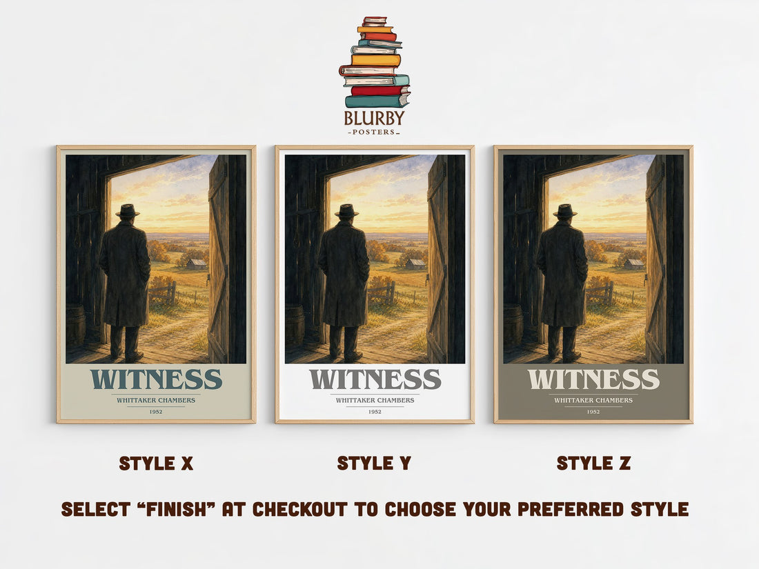 Witness book cover print in frame leaning in hallway – memoir wall art (mockup)