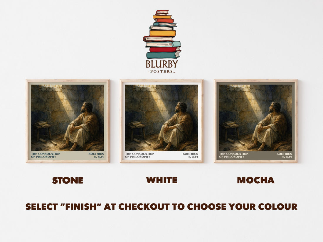 The Consolation of Philosophy literary print framed by window – Stone, White and Mocha square prints side by side – choose your colour