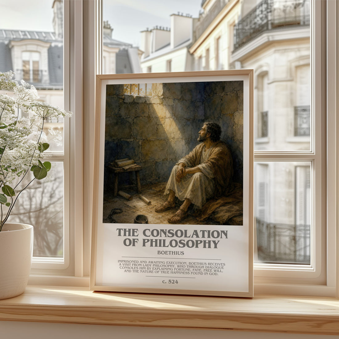 The Consolation of Philosophy bookish print in frame leaning in hallway – philosophy wall art