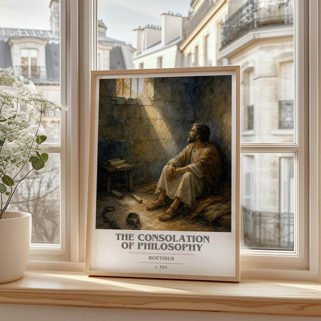 The Consolation of Philosophy book cover print in frame leaning in hallway – philosophy wall art