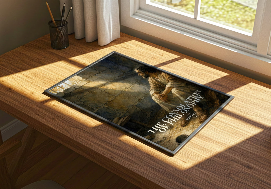 The Consolation of Philosophy watercolour book poster framed on wall – philosophy wall art