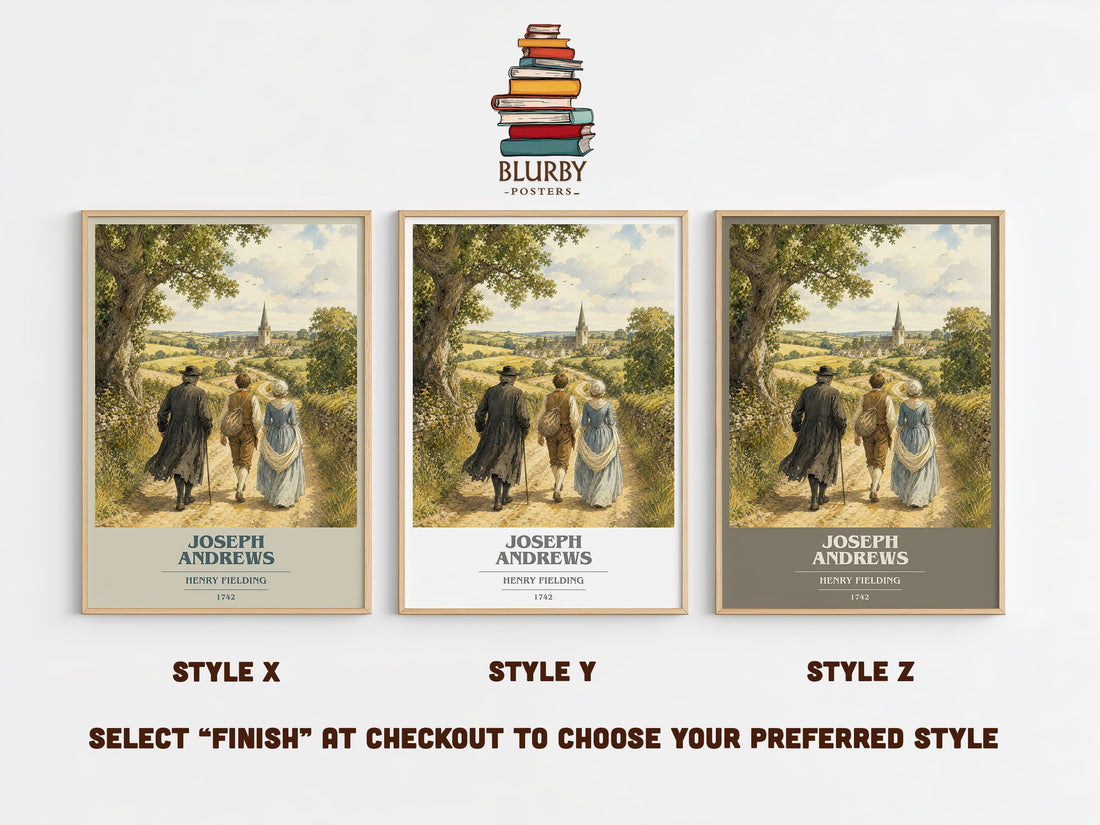 Joseph Andrews book cover print in frame leaning in hallway – satire wall art (mockup)