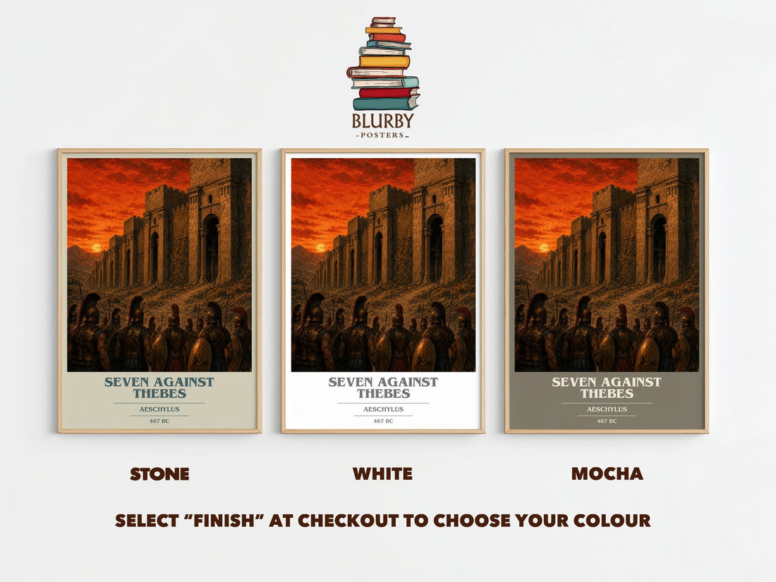 Seven Against Thebes book cover print framed by window – Stone, White and Mocha side by side – choose your colour