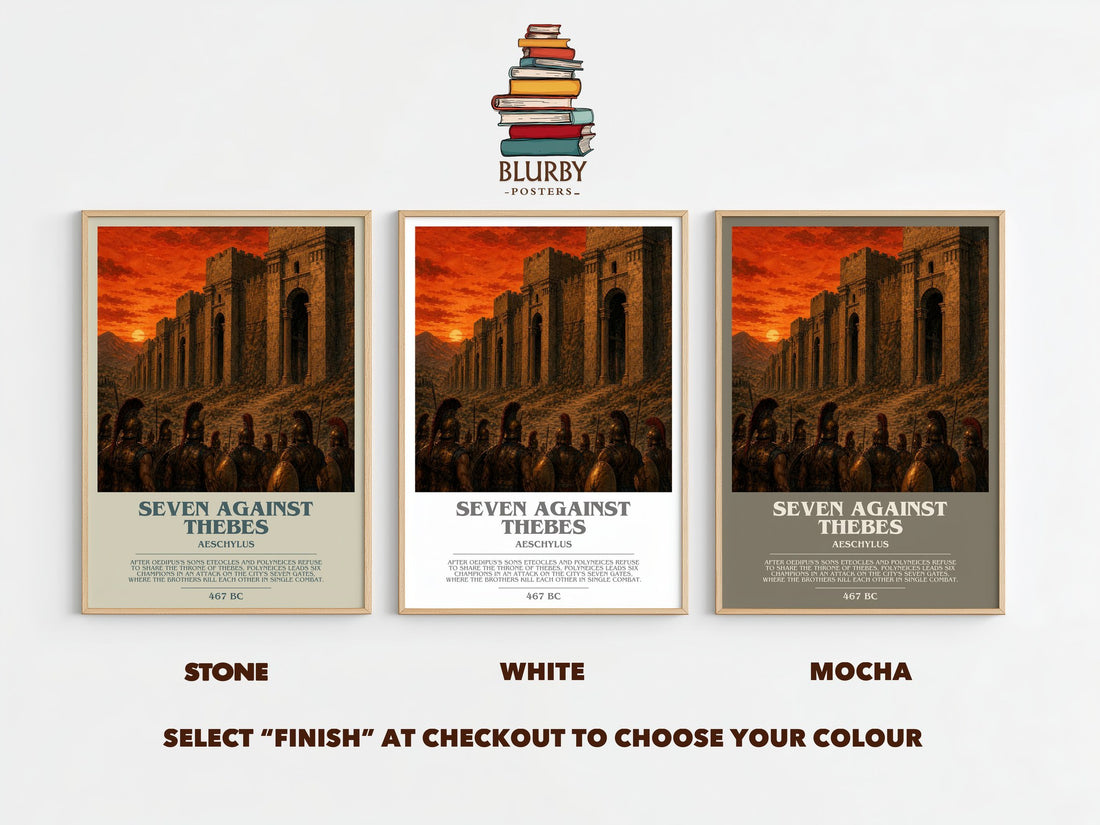 Seven Against Thebes bookish print framed by window – Stone, White and Mocha side by side – choose your colour