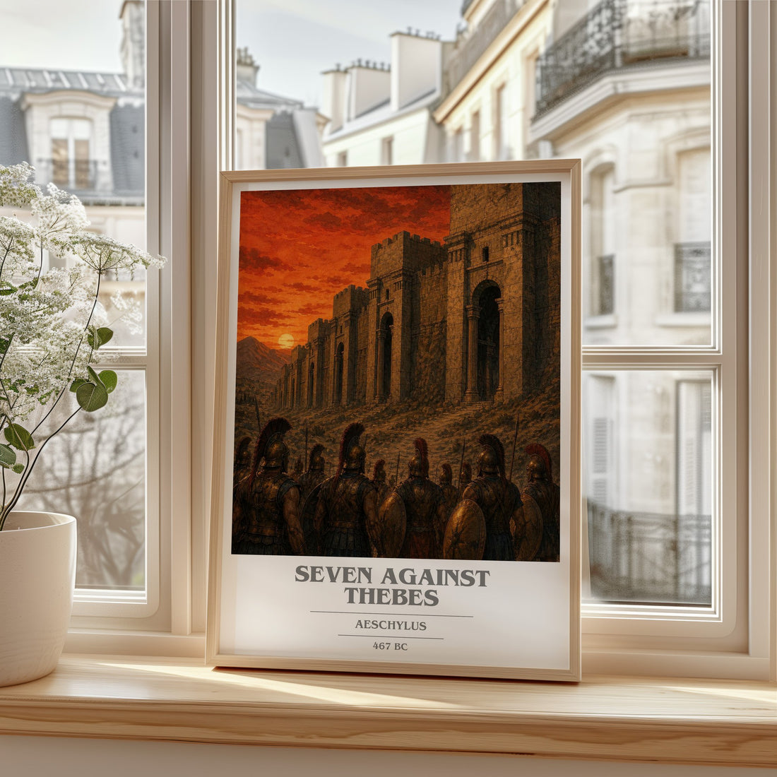 Seven Against Thebes book cover print in frame leaning in hallway – classic literature wall art