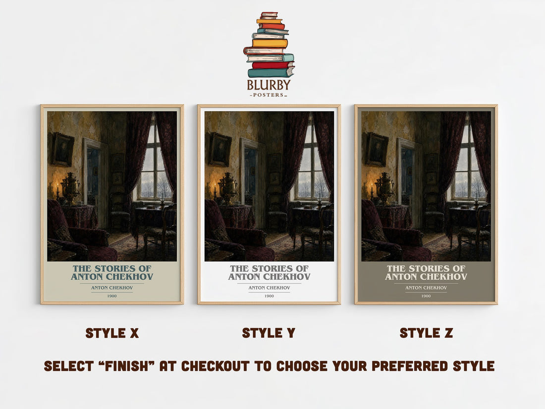 The Stories of Anton Chekhov book cover print in frame leaning in hallway – literary fiction wall art (mockup)