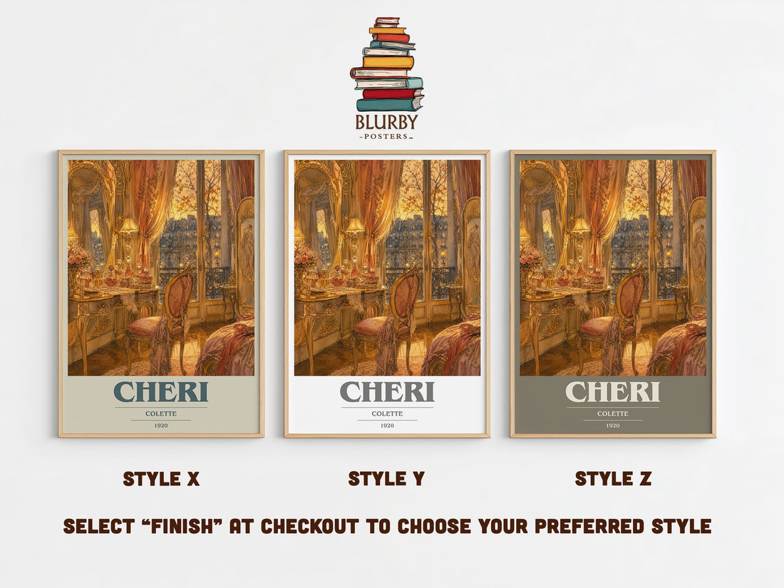 Cheri book cover print in frame leaning in hallway – literary fiction wall art (mockup)