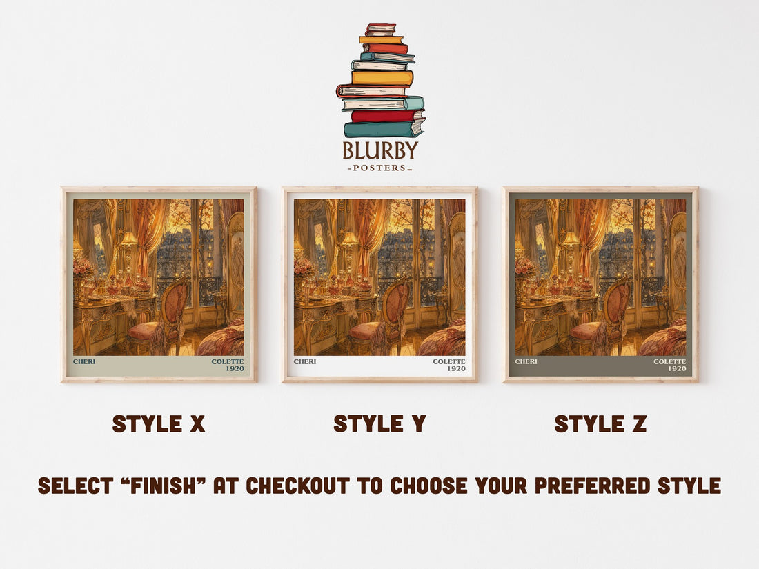 Cheri literary print in frame leaning in hallway – literary fiction wall art (mockup)