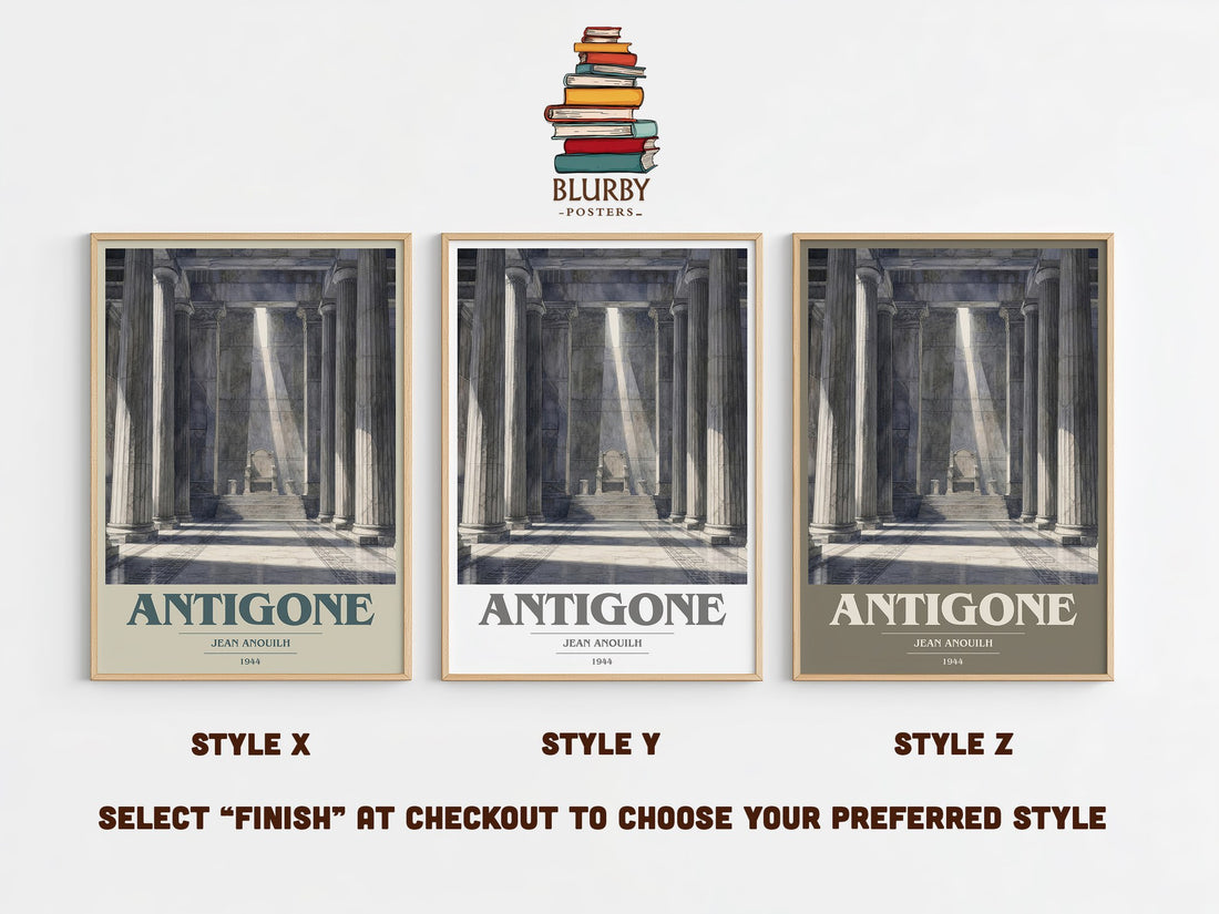 Antigone book cover print in frame leaning in hallway – classic literature wall art (mockup)