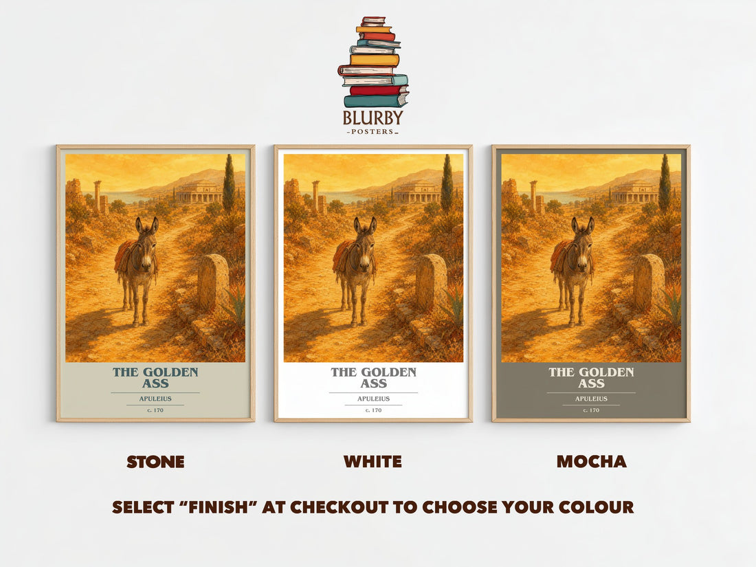 The Golden Ass book cover print framed by window – Stone, White and Mocha side by side – choose your colour