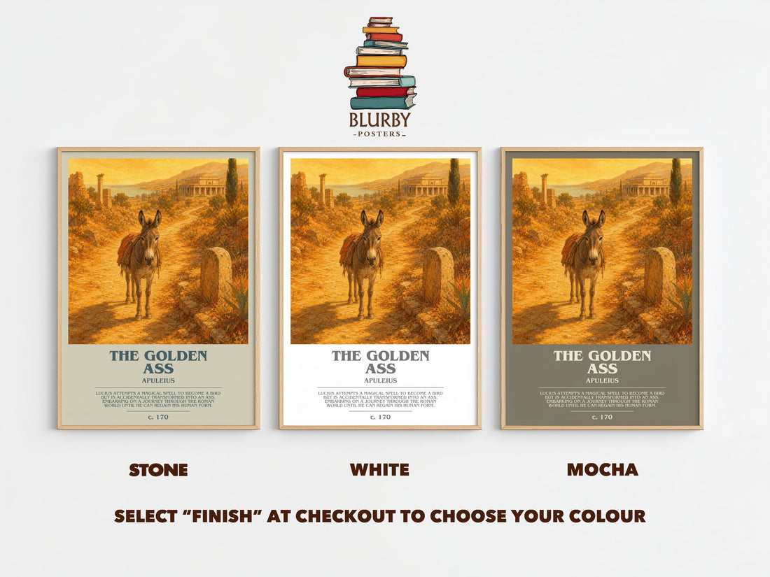 The Golden Ass bookish print framed by window – Stone, White and Mocha side by side – choose your colour