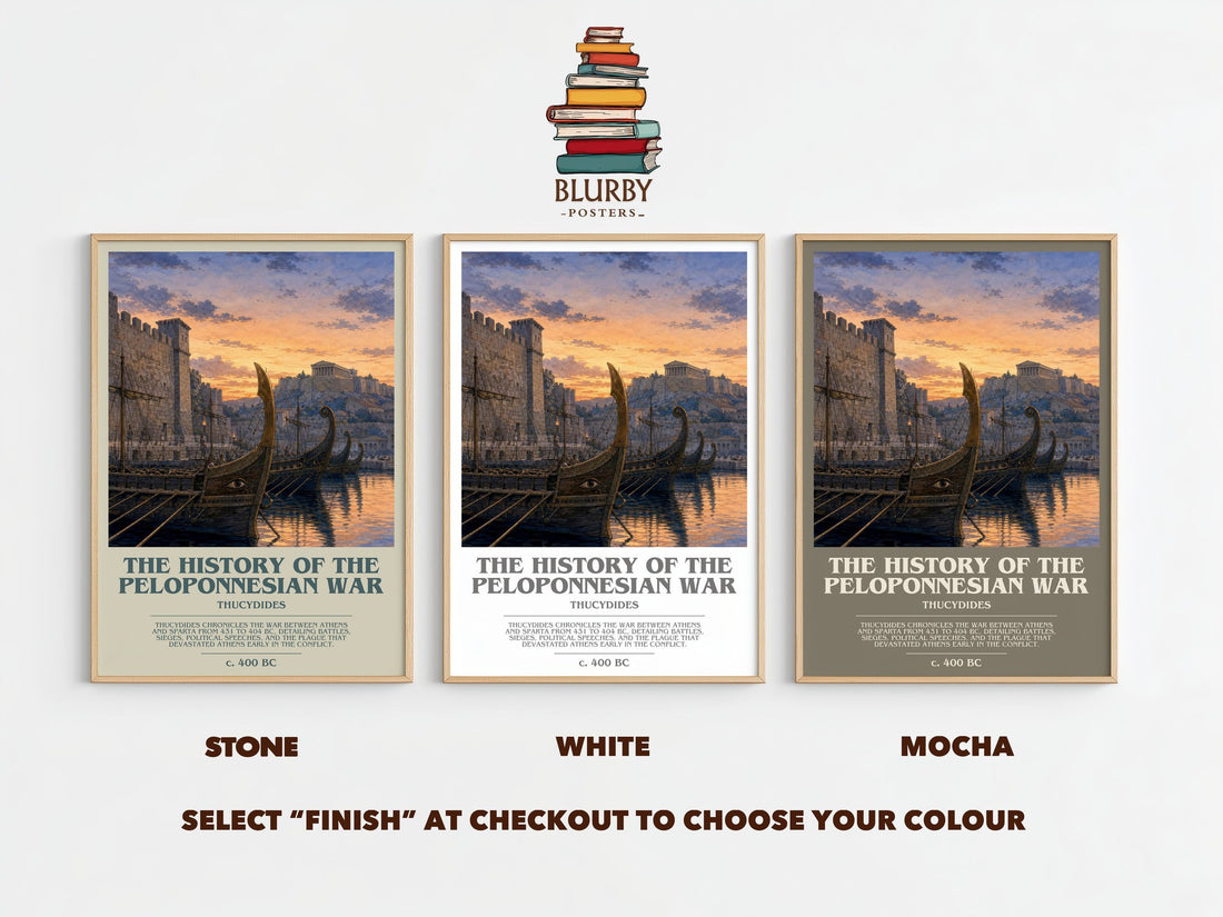 The History of the Peloponnesian War bookish print framed by window – Stone, White and Mocha side by side – choose your colour