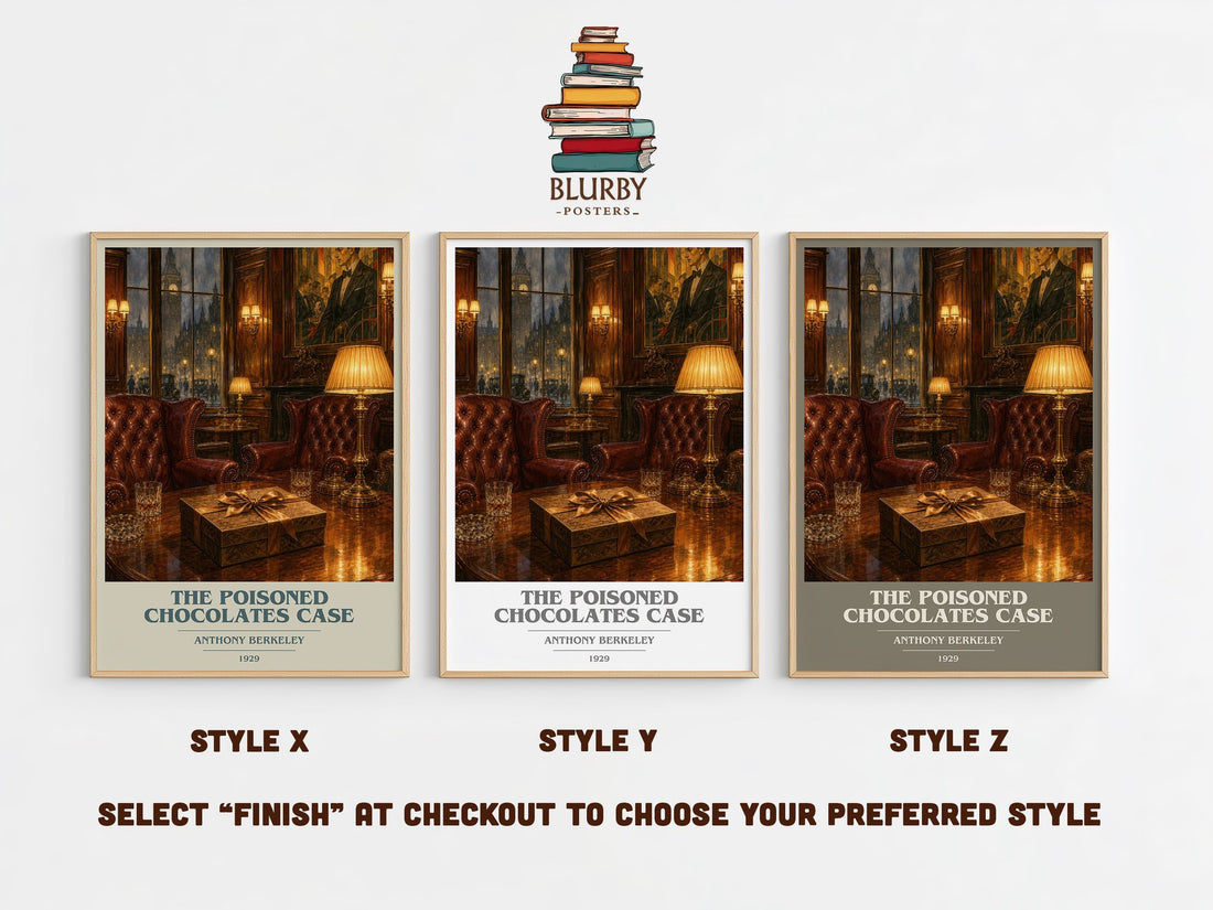 The Poisoned Chocolates Case book cover print in frame leaning in hallway – mystery wall art (mockup)