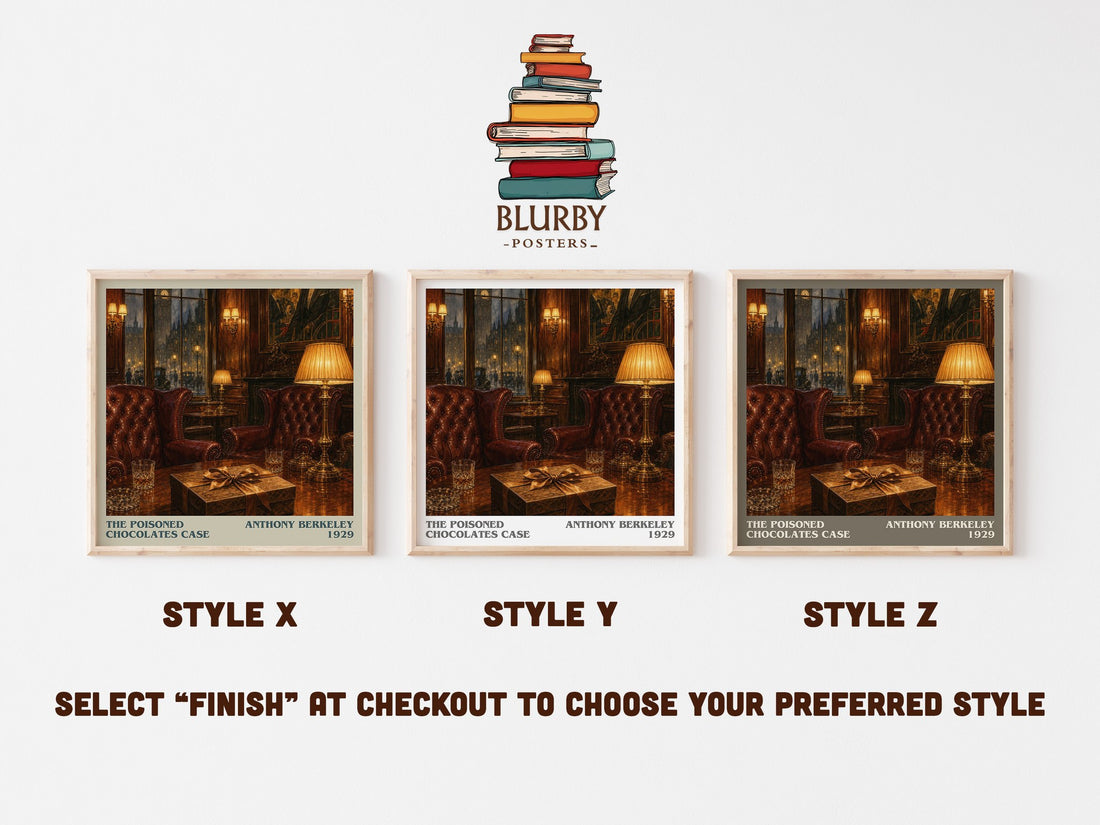 The Poisoned Chocolates Case literary print in frame leaning in hallway – mystery wall art (mockup)