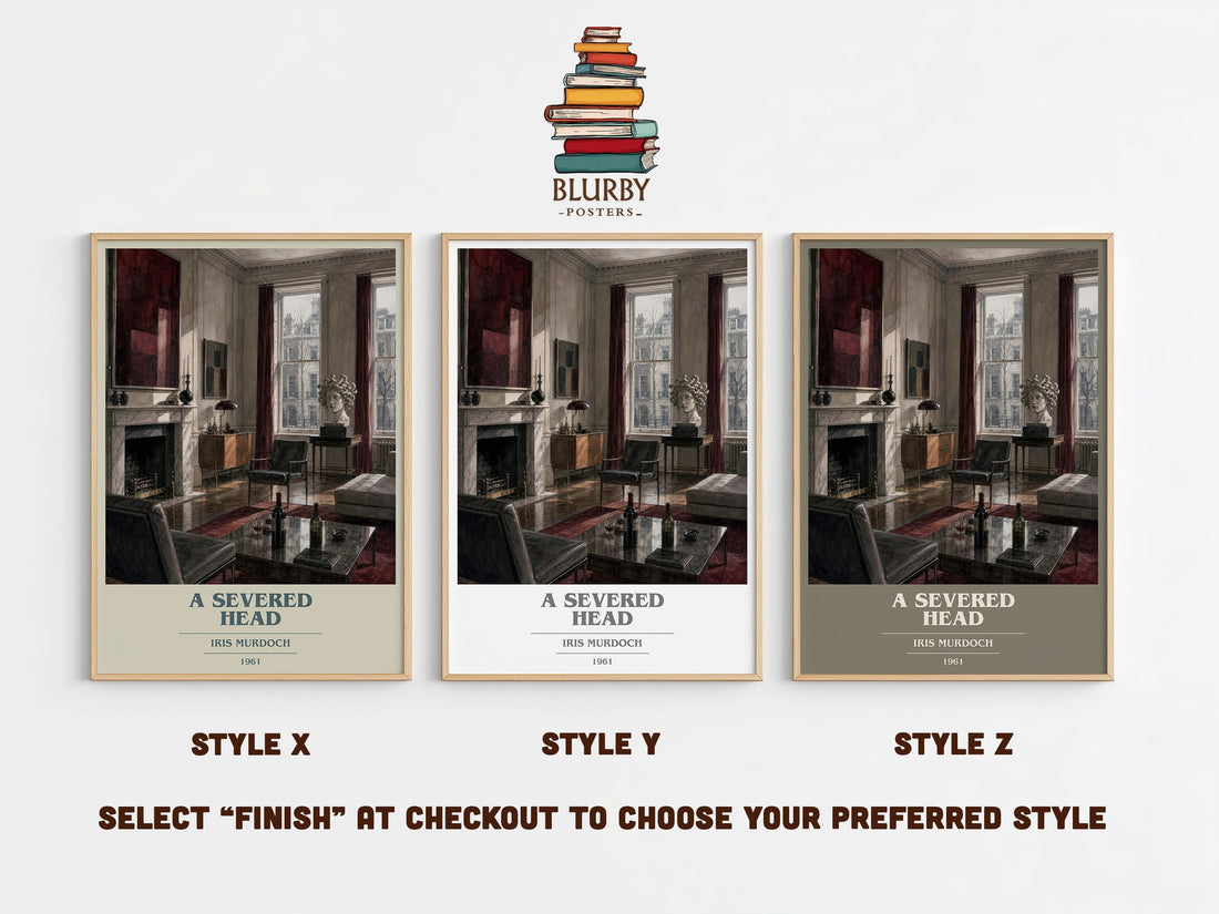 A Severed Head book cover print in frame leaning in hallway – literary fiction wall art (mockup)