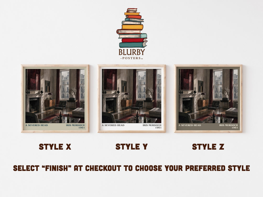 A Severed Head literary print in frame leaning in hallway – literary fiction wall art (mockup)