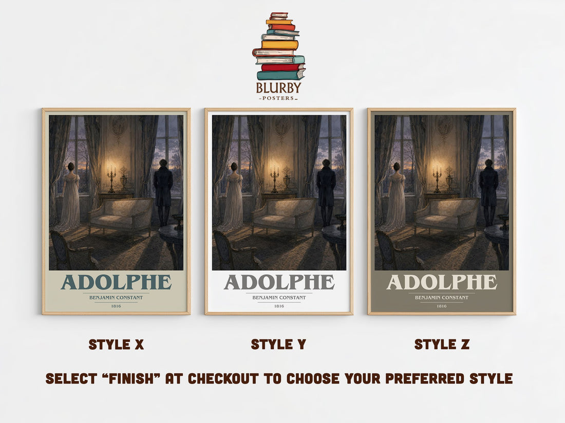 Adolphe book cover print in frame leaning in hallway – classic literature wall art (mockup)