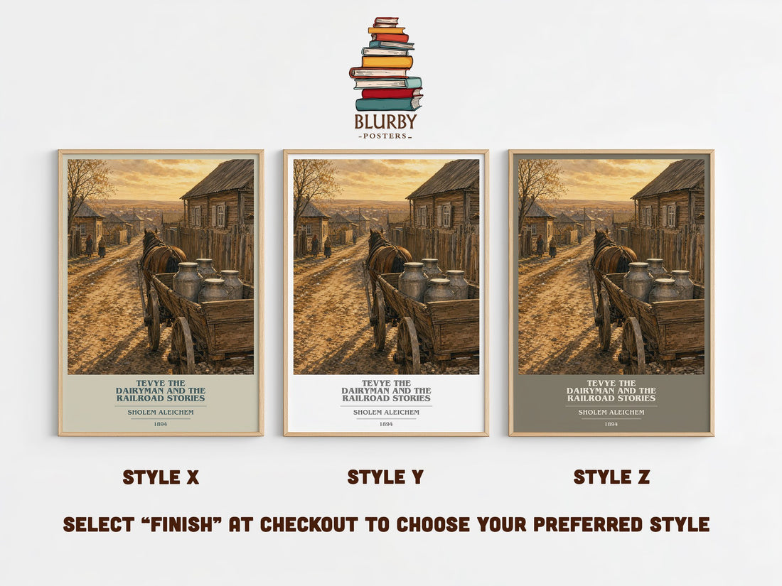 Tevye The Dairyman And The Railroad Stories book cover print in frame leaning in hallway – classic literature wall art (mockup)