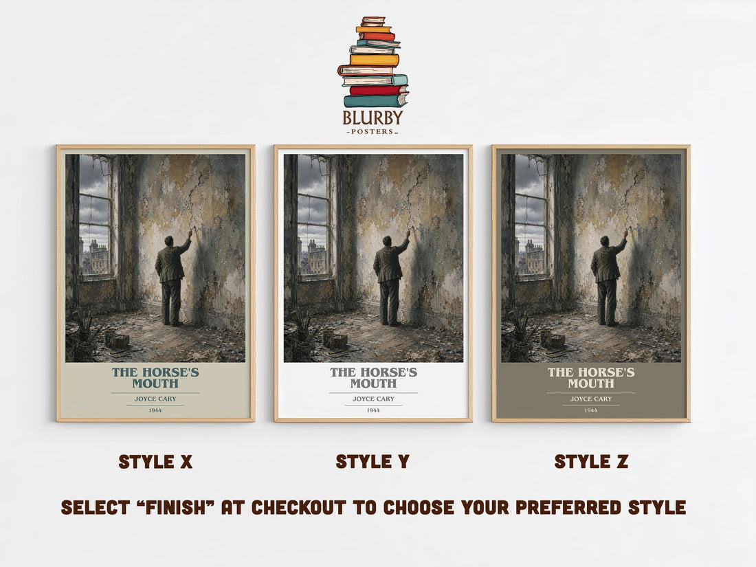 The Horse's Mouth book cover print in frame leaning in hallway – literary fiction wall art (mockup)