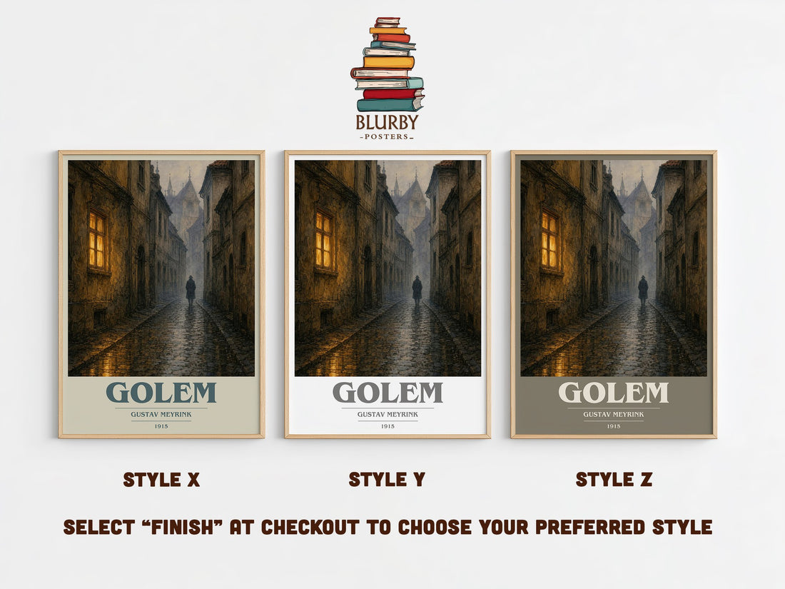 Golem book cover print in frame leaning in hallway – gothic wall art (mockup)