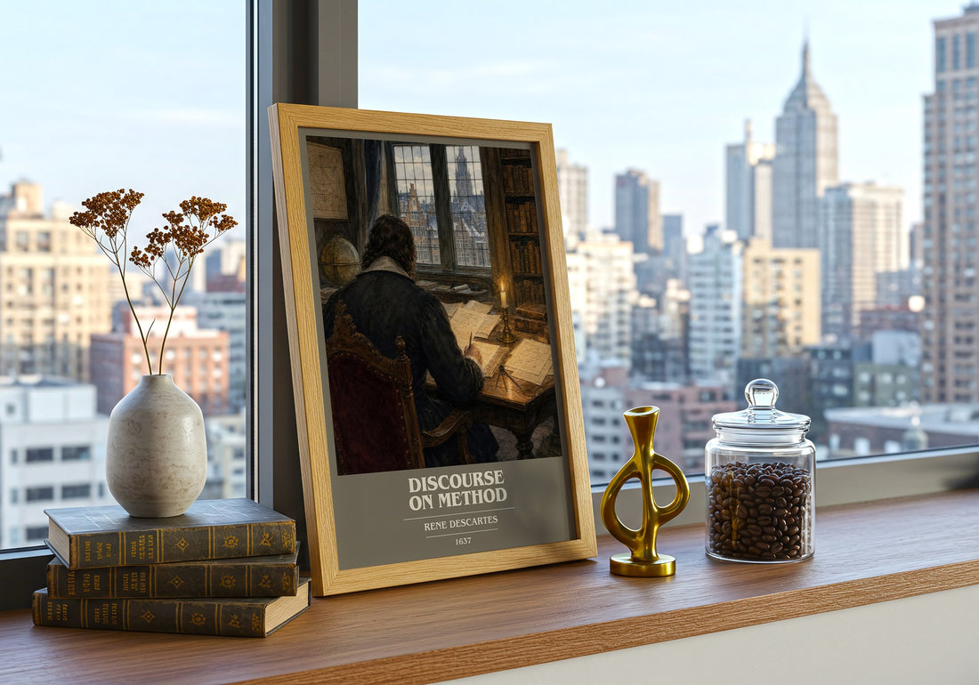 Discourse on Method book cover print framed by window – literary home decor