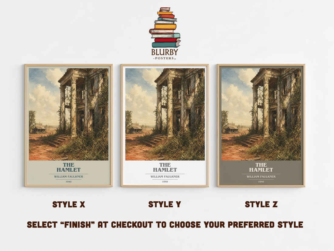 The Hamlet book cover print in frame leaning in hallway – literary fiction wall art (mockup)