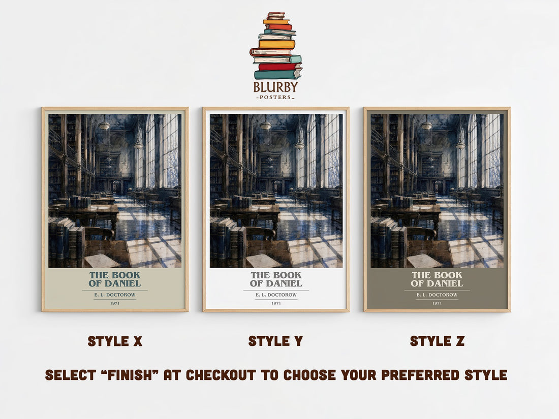 The Book of Daniel book cover print in frame leaning in hallway – historical fiction wall art (mockup)