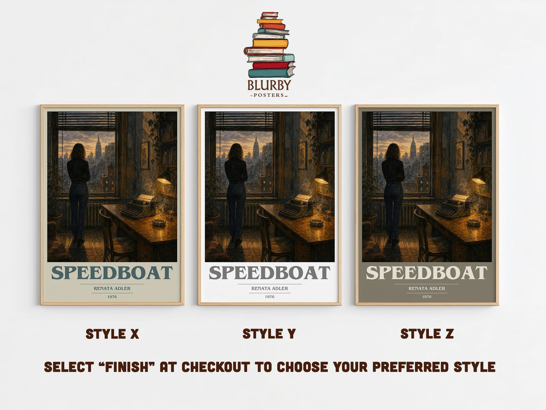 Speedboat book cover print in frame leaning in hallway – literary fiction wall art (mockup)