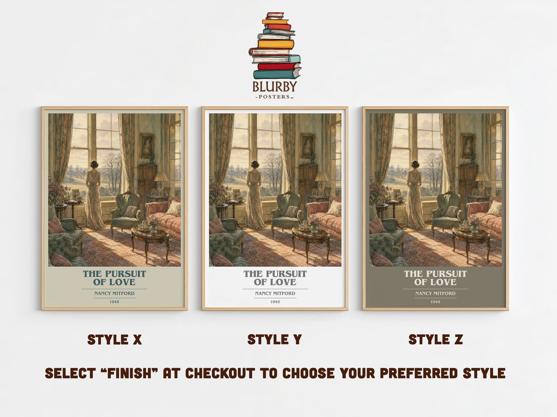 The Pursuit Of Love book cover print in frame leaning in hallway – classic literature wall art (mockup)