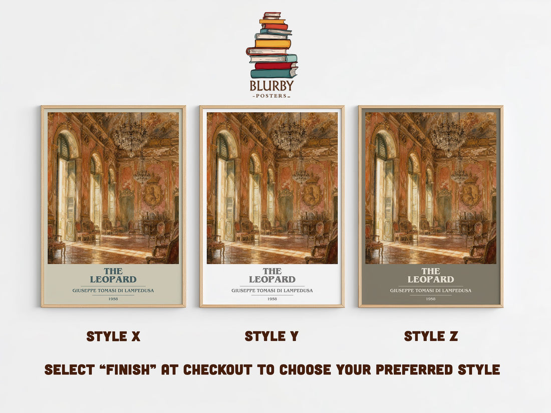 The Leopard book cover print in frame leaning in hallway – historical fiction wall art (mockup)