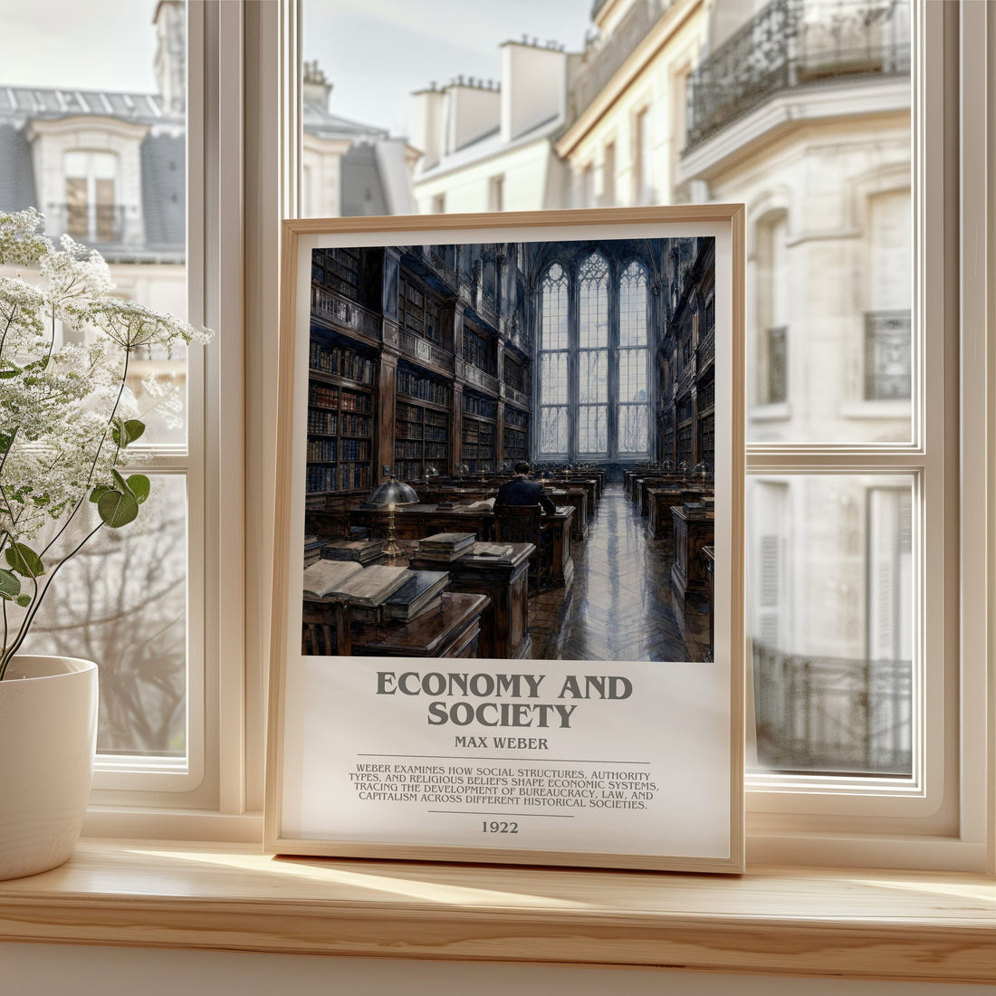 Economy and Society bookish print in frame leaning in hallway – non fiction wall art