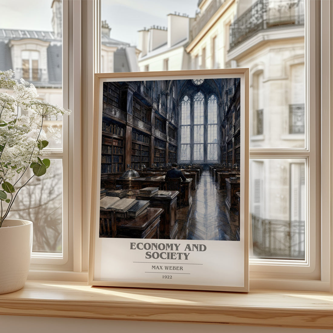 Economy and Society book cover print in frame leaning in hallway – non fiction wall art