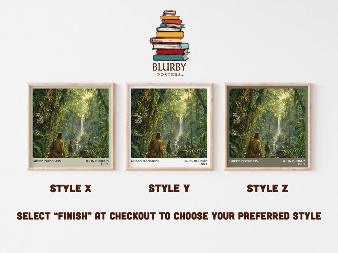 Green Mansions literary print in frame leaning in hallway – romance wall art (mockup)