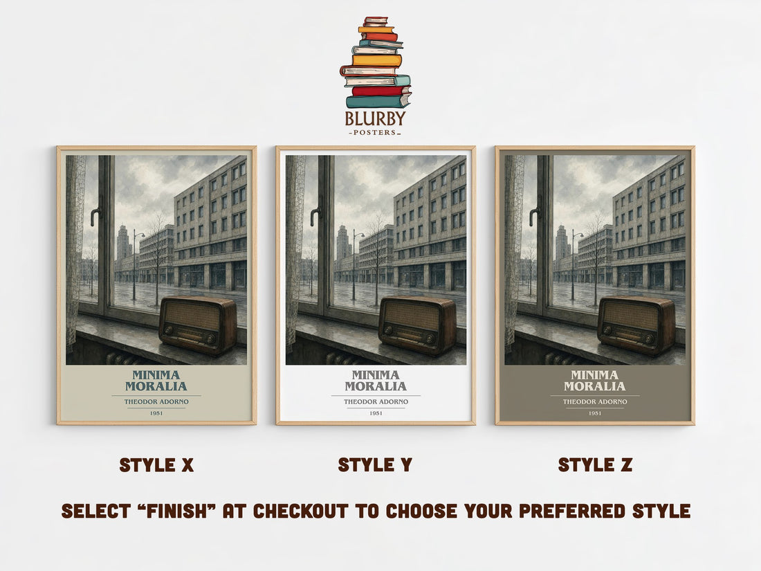 Minima Moralia book cover print in frame leaning in hallway – philosophy wall art