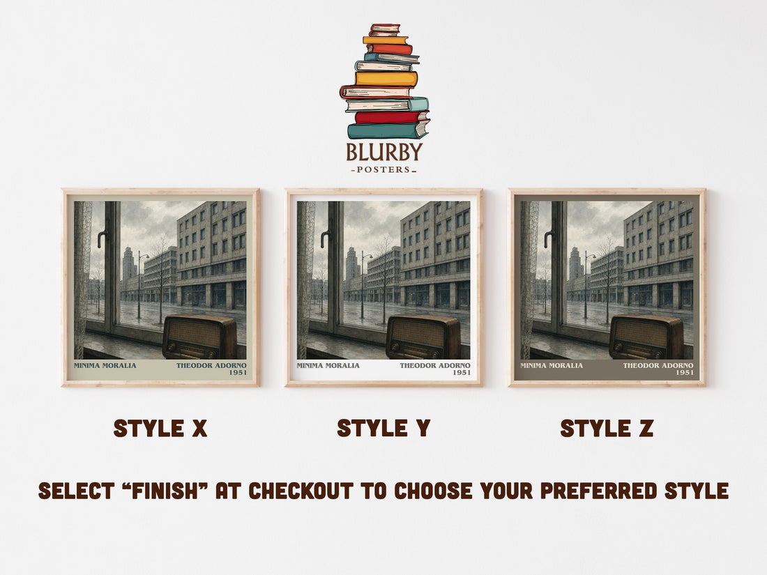 Minima Moralia literary print in frame leaning in hallway – philosophy wall art (mockup)