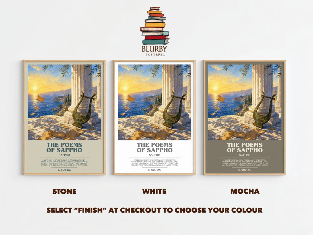 The Poems of Sappho bookish print framed by window – Stone, White and Mocha side by side – choose your colour