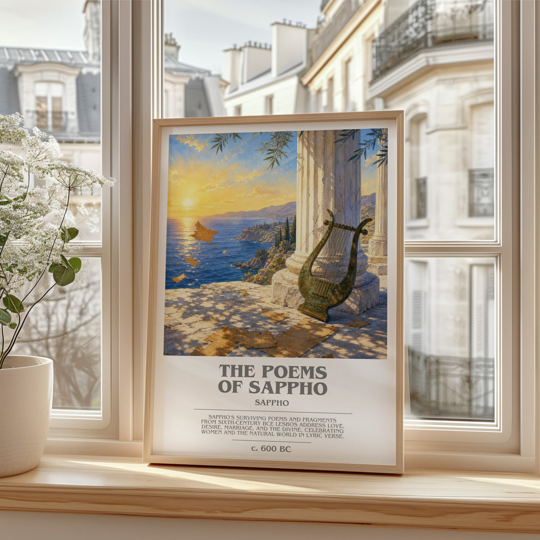 The Poems of Sappho bookish print in frame leaning in hallway – poetry wall art