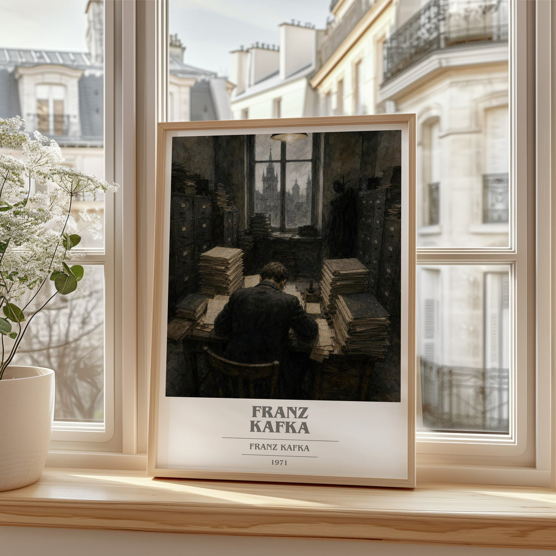 Franz Kafka book cover print in frame leaning in hallway – literary fiction wall art