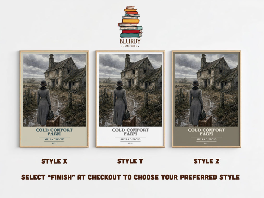 Cold Comfort Farm book cover print in frame leaning in hallway – satire wall art (mockup)