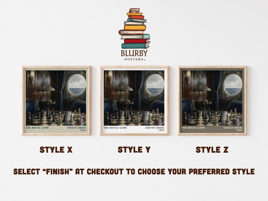 The Royal Game literary print in frame leaning in hallway – literary fiction wall art (mockup)
